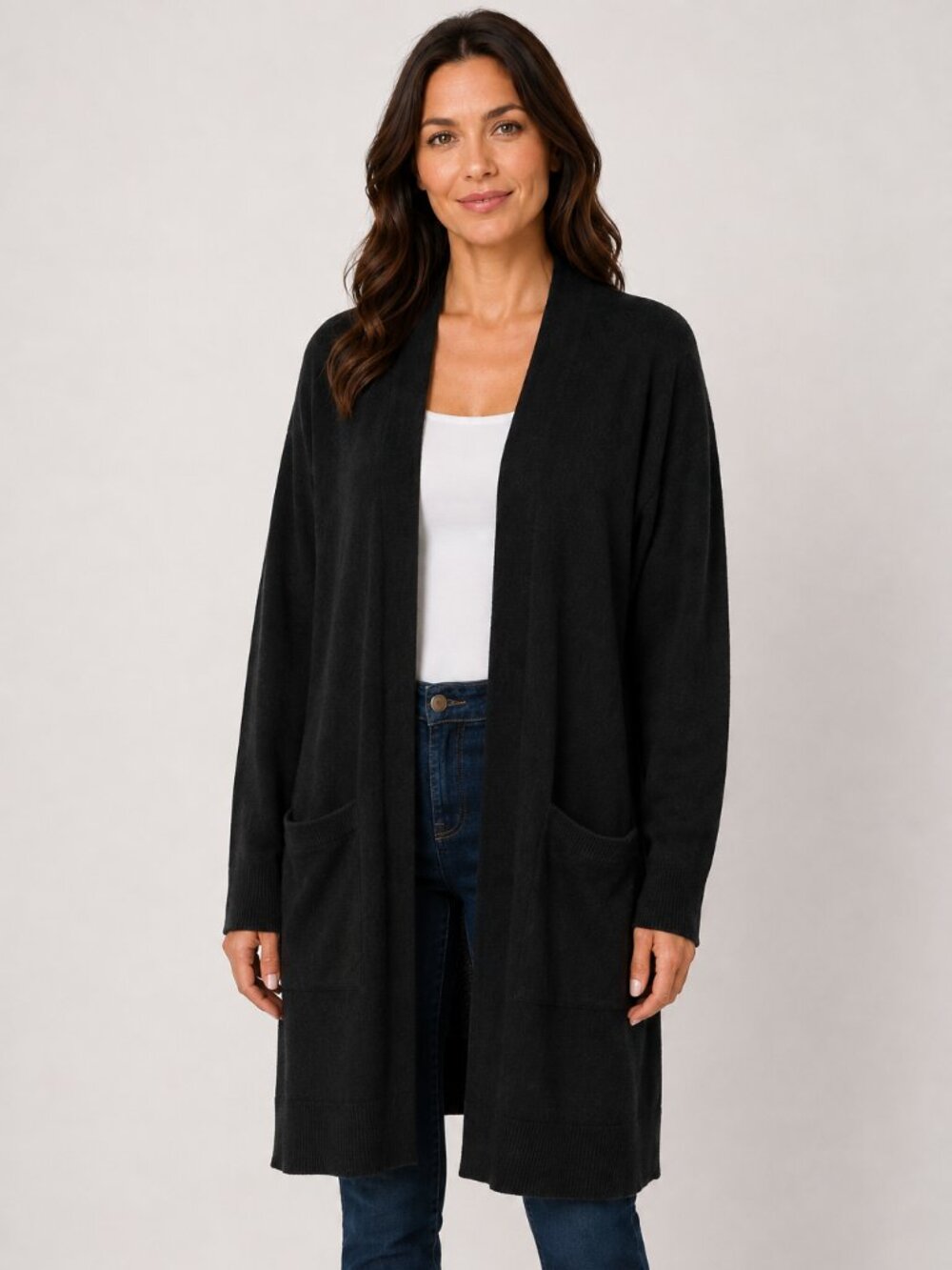 Wilde 1X Black Ribbed Hooded Long Open Front Cardigan Pockets